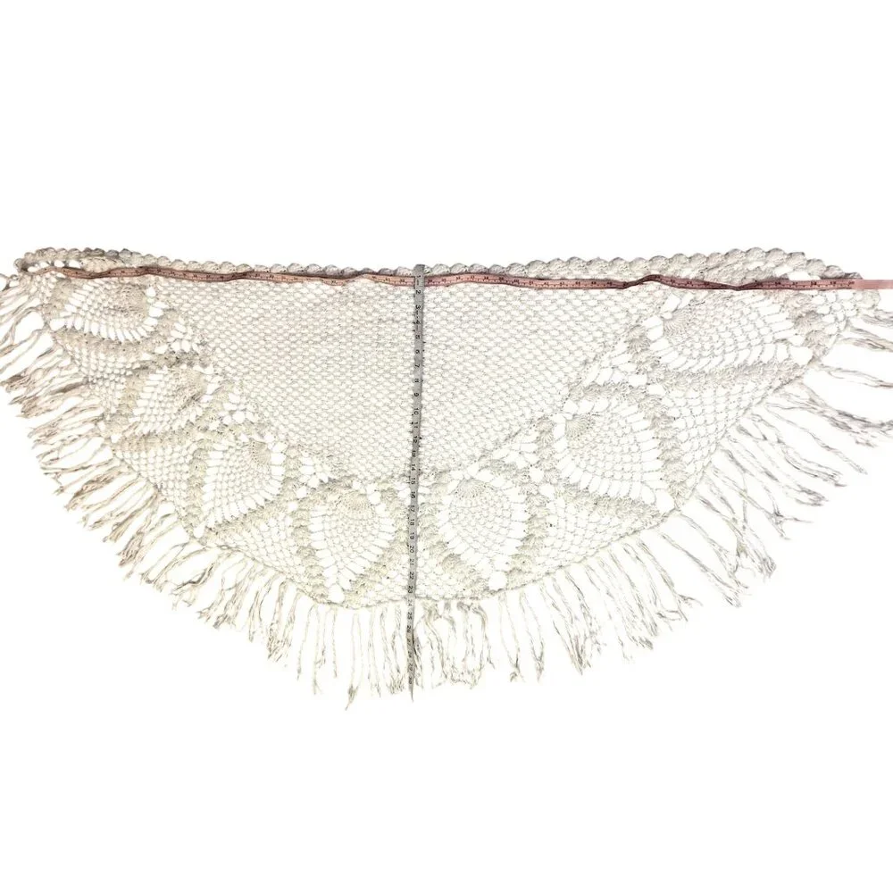 Vintage Pineapple Crochet Shawl Fringe Wrap Ivory Boho Festival One Size - Picture 8 of 16